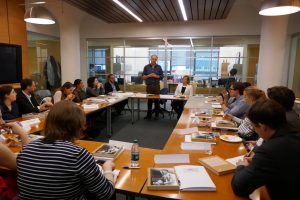 Author Henrik Berggren discussing Hammarskjöld with UN civil servants.