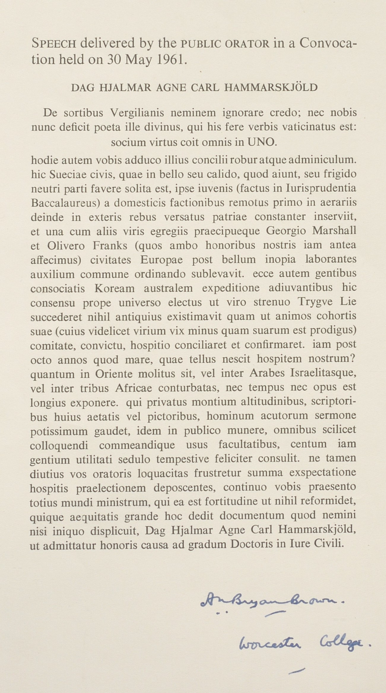 A signed copy of an encomium delivered by A. N. Bryan-Brown for Dag Hammarskjöld