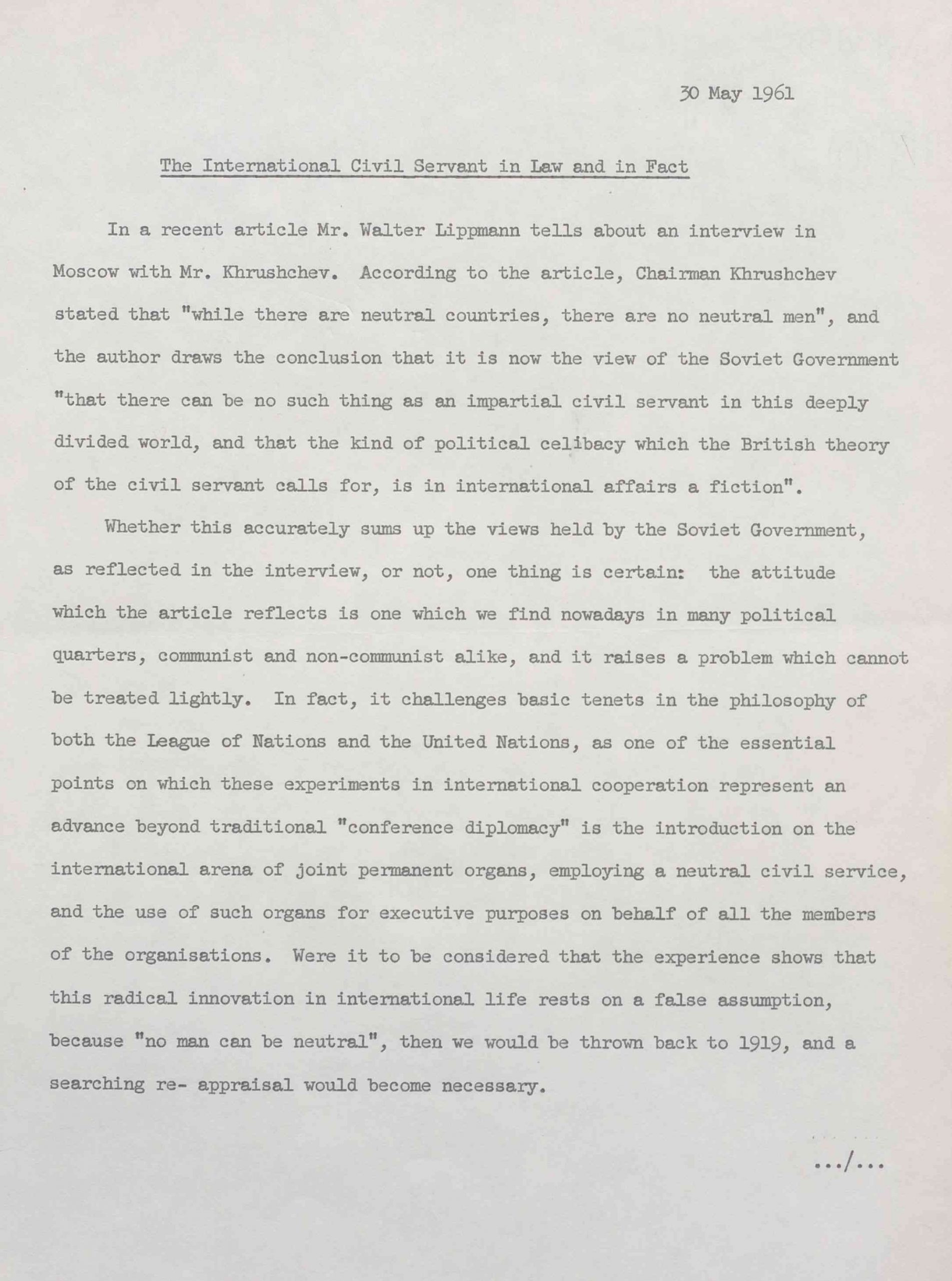 A scan of the first page of Dag Hammarskjöld's reading copy of 'The International Civil Servant in Law and in Fact'