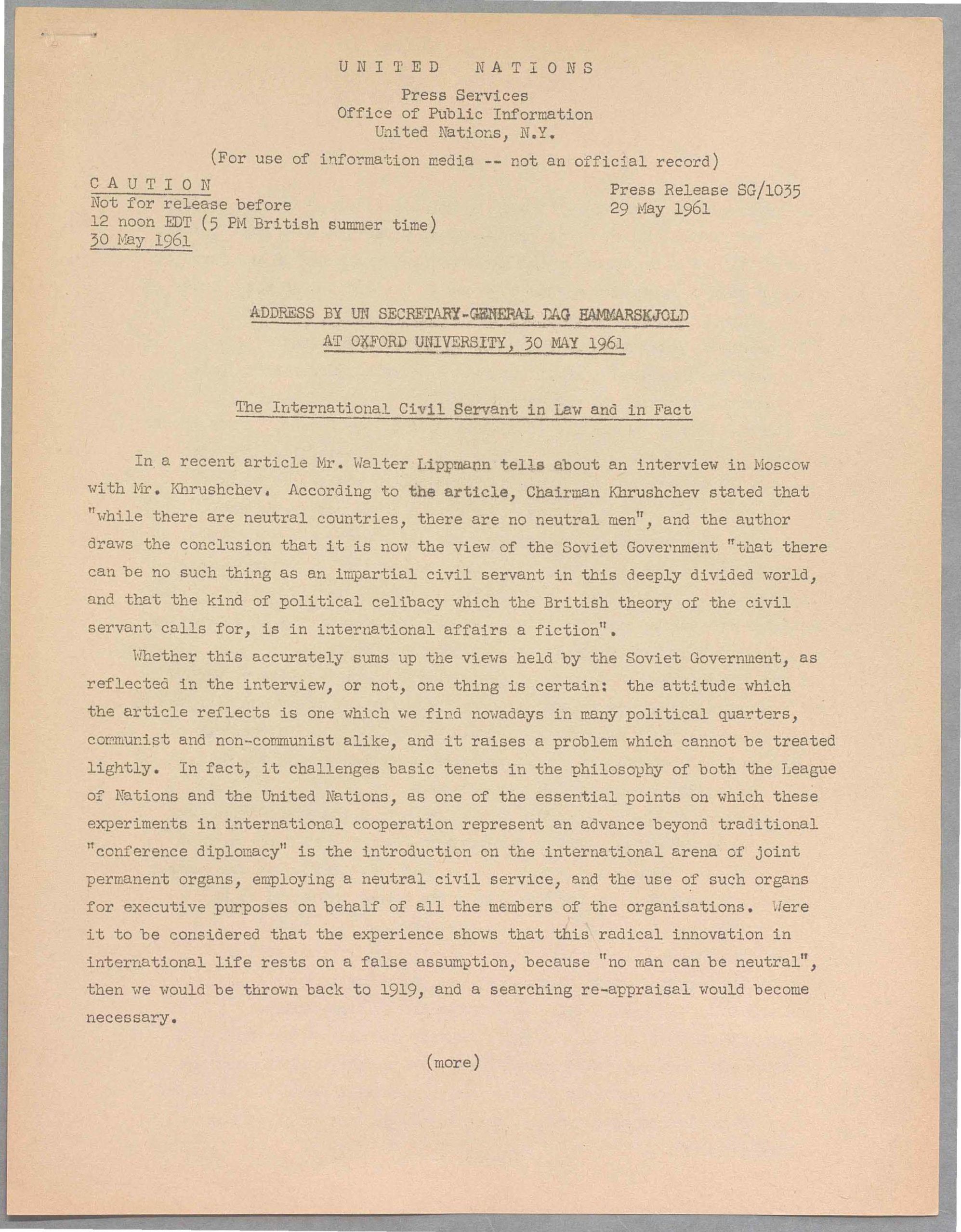 A reproduction of the first page of a UN press release from 29 May 1961