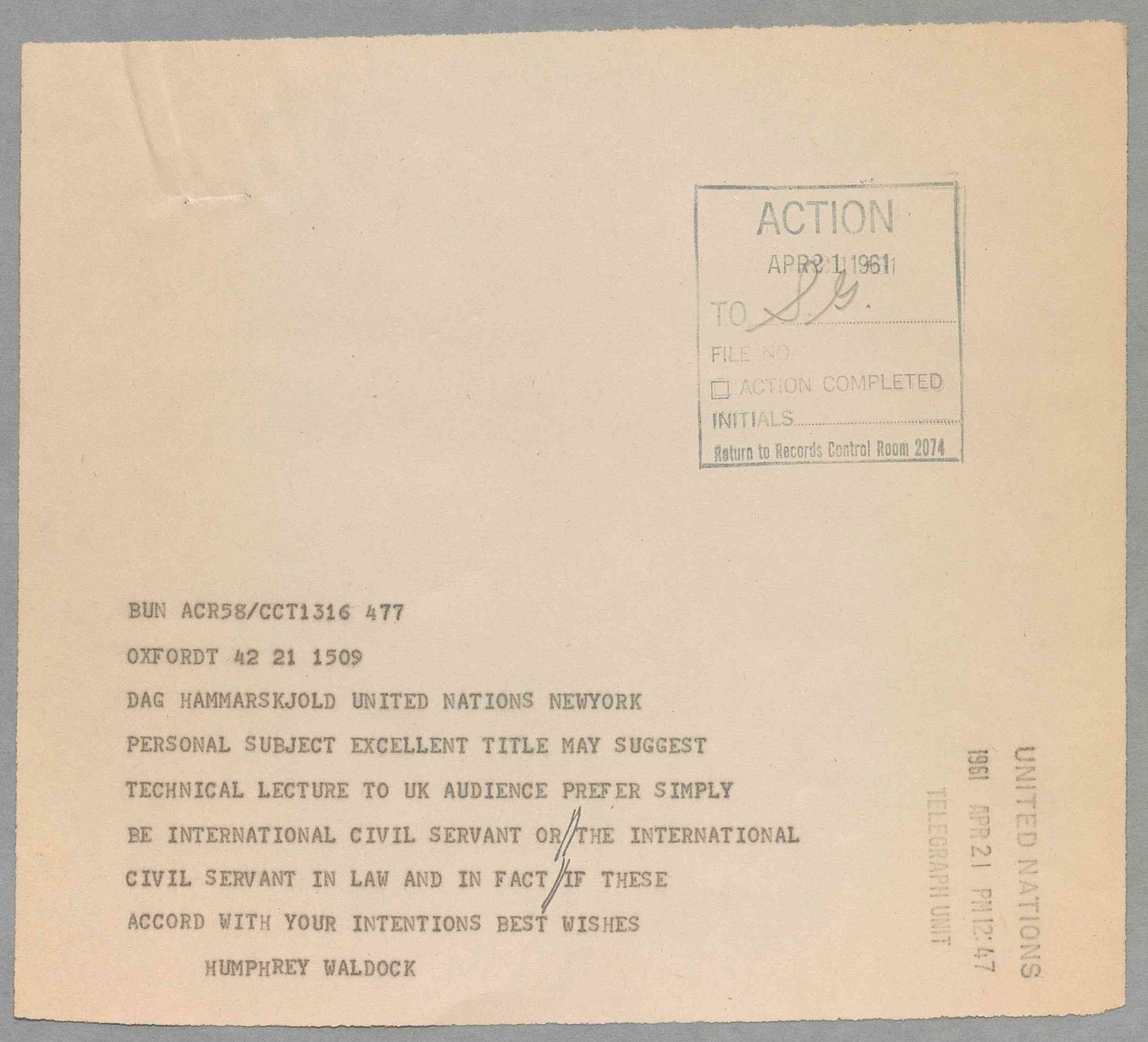 A reproduction of a telegram from Sir Humphrey Waldock to Dag Hammarskjöld sent on 21 April 1961.